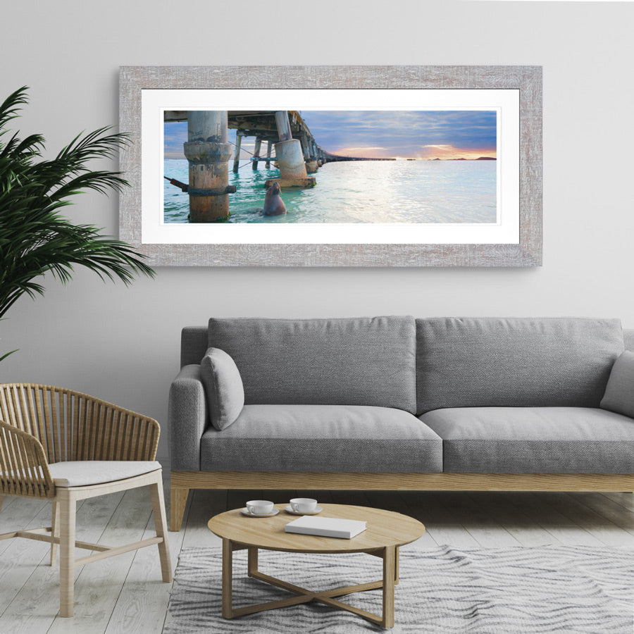 A lounge room with a couch and table with a framed photo of a seal posing underneath the Tanker Jetty in Esperance at sunrise