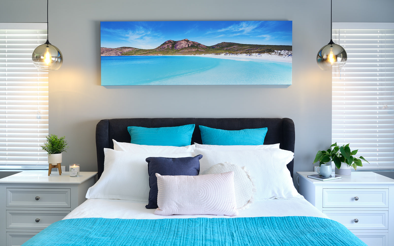 Beautiful photo printed on canvas of Thistle Cove hanging on a wall above a queen size bed  - bedroom art prints Australia