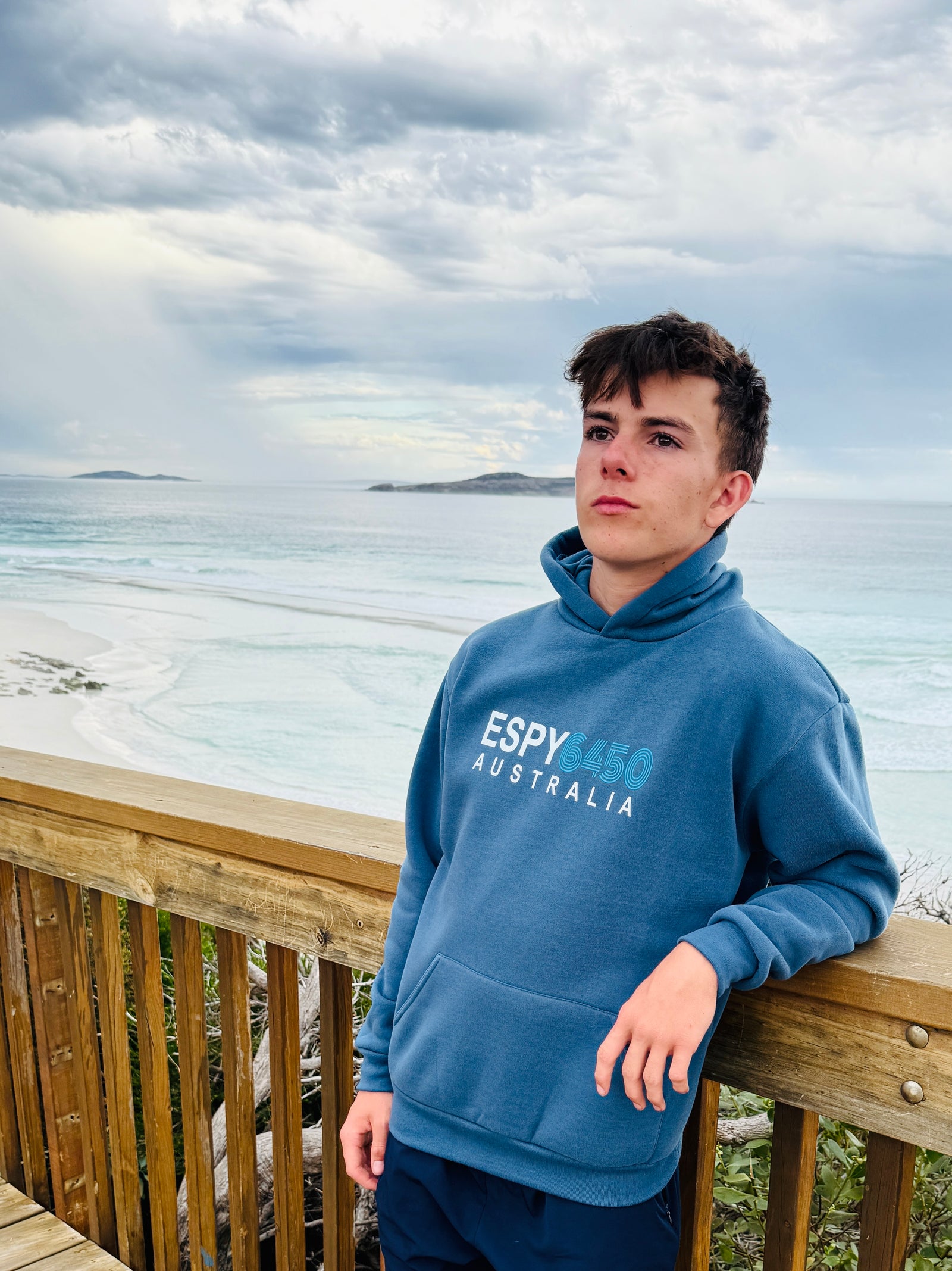 ESPERANCE HOODIE BLUE WITH GRAPHIC ESPY 6450 AUSTRALIA IN WHITE AND GREEN ON THE FRONT