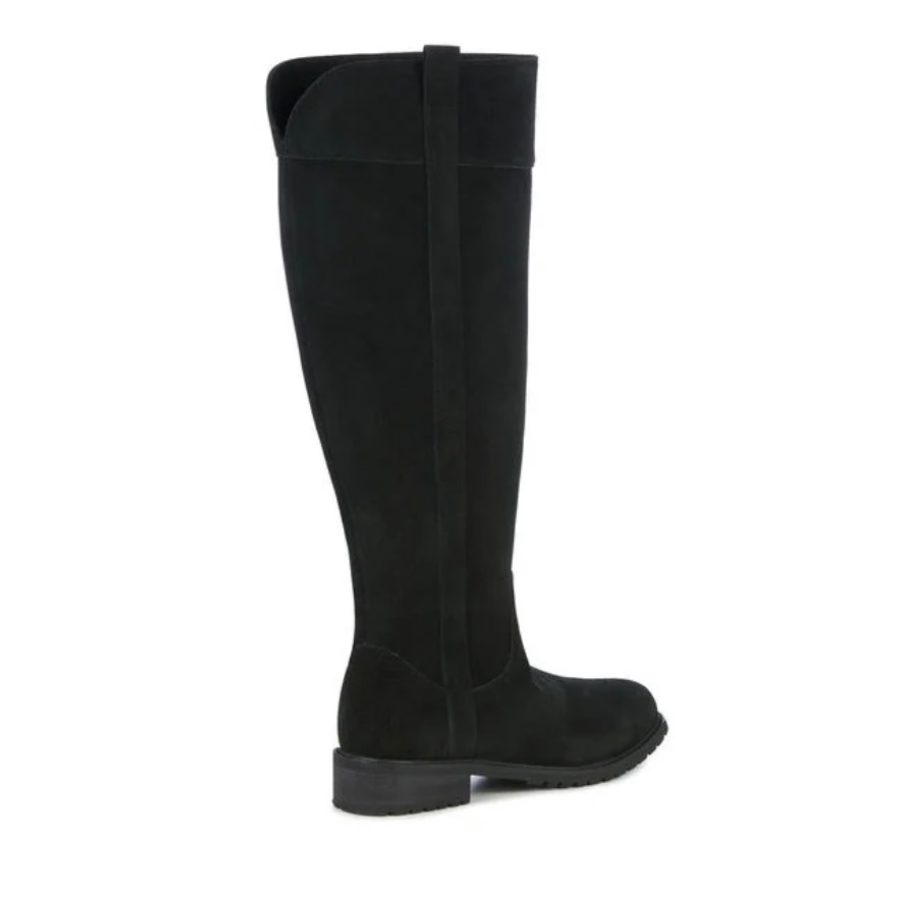 Black knee high sheepskin lined boots shown on a white background