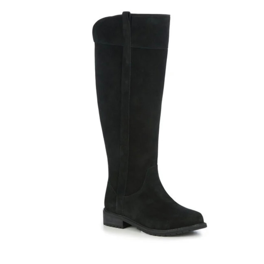 Black knee high sheepskin lined boots shown on a white background