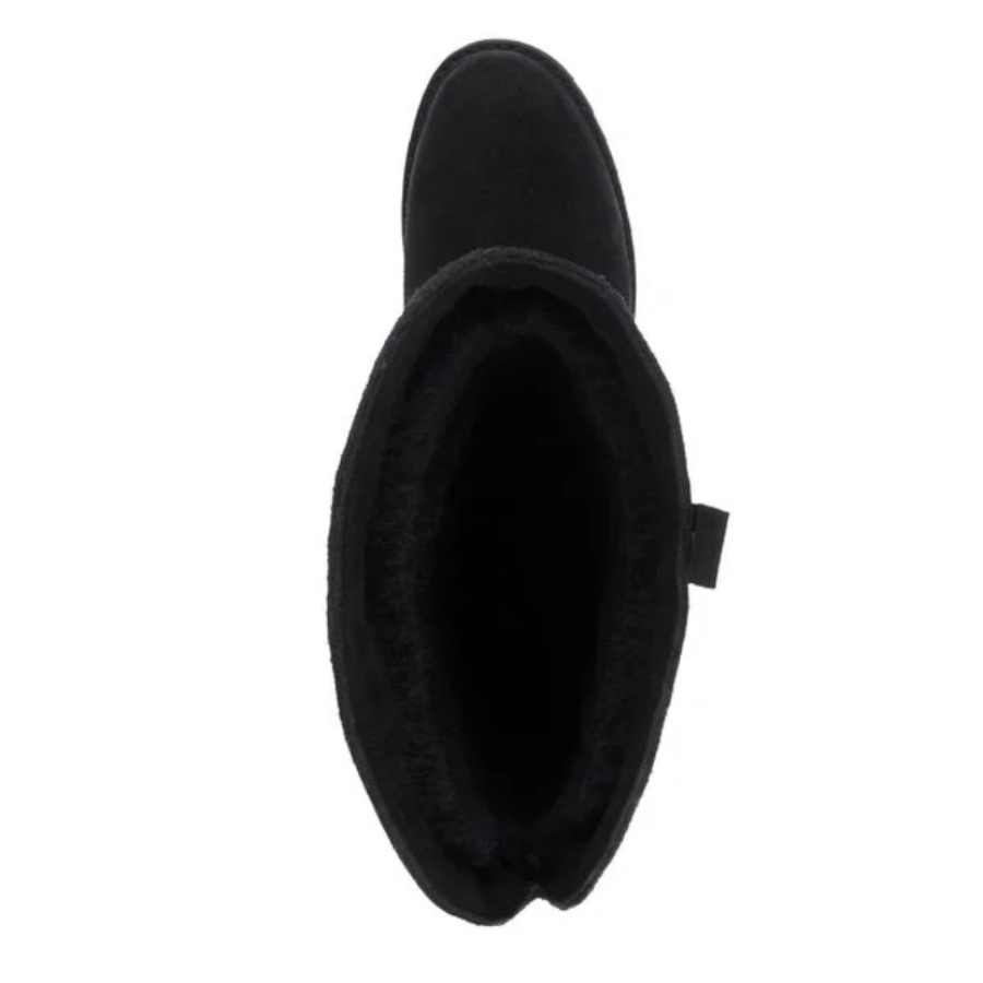 Black knee high sheepskin lined boots from the top looking down shown on a white background