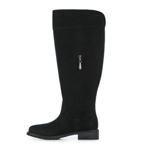 Black knee high sheepskin lined boots with a hidden side zip shown on a white background