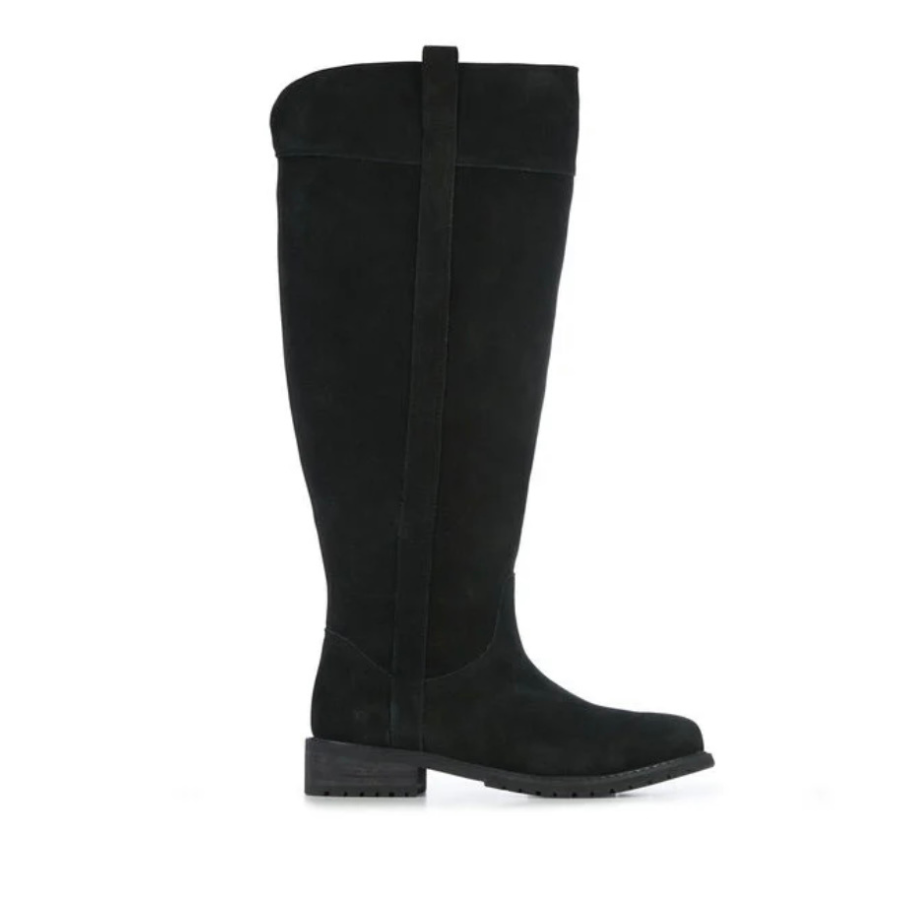 Black knee high sheepskin lined boots shown on a white background