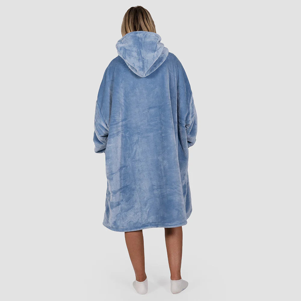 hooded blanket plain blue all over colour shown from the back worn by a woman