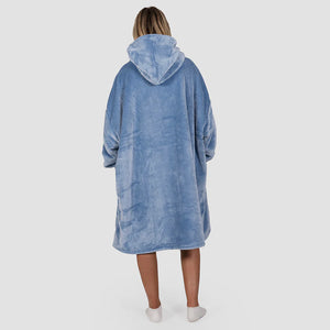 hooded blanket plain blue all over colour shown from the back worn by a woman