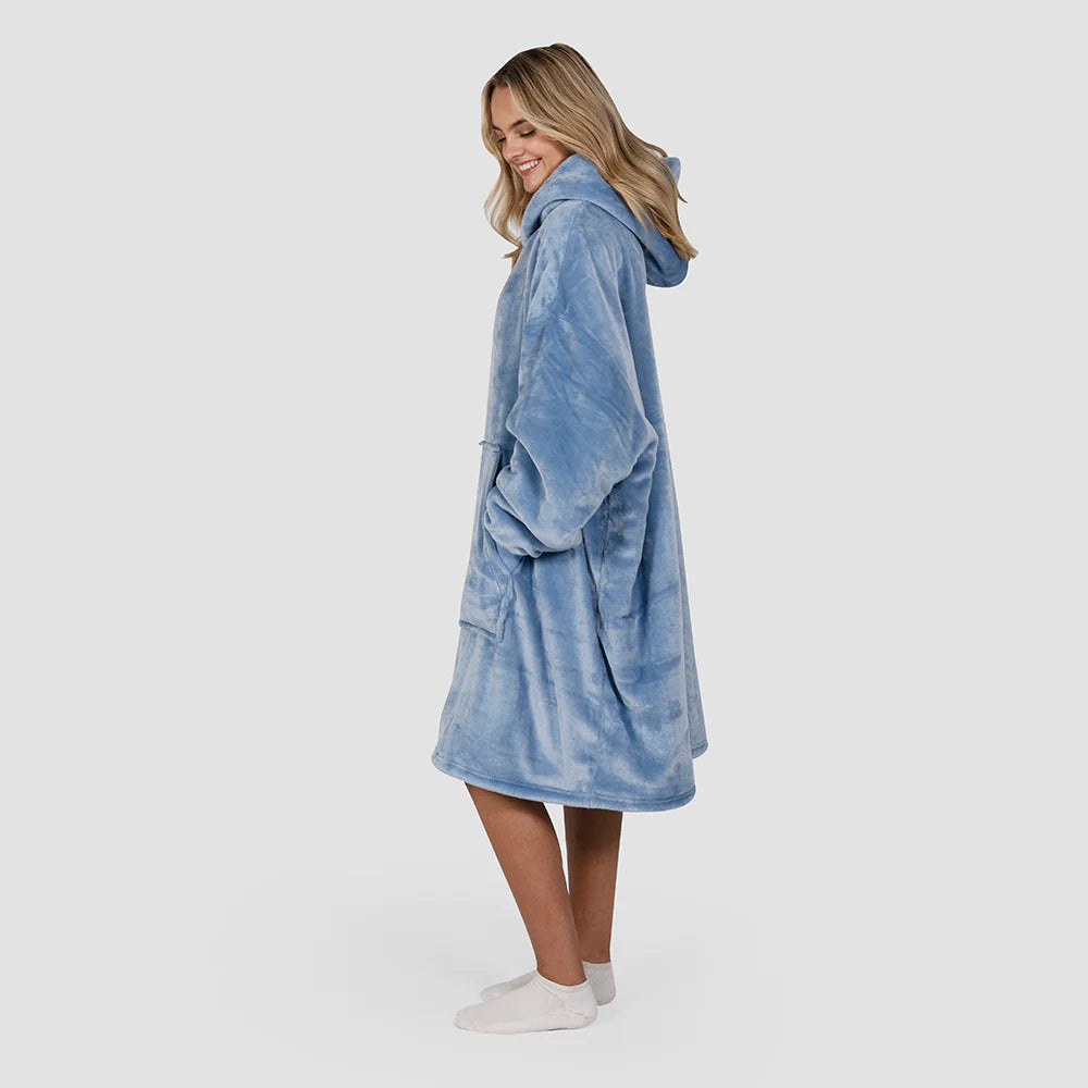 hooded blanket plain blue all over colour worn by a woman