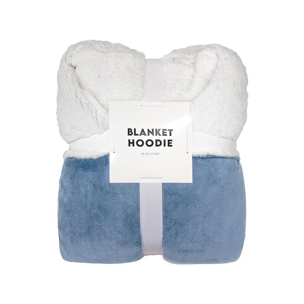 hooded blanket plain blue all over colour packaged with a ribbon and label