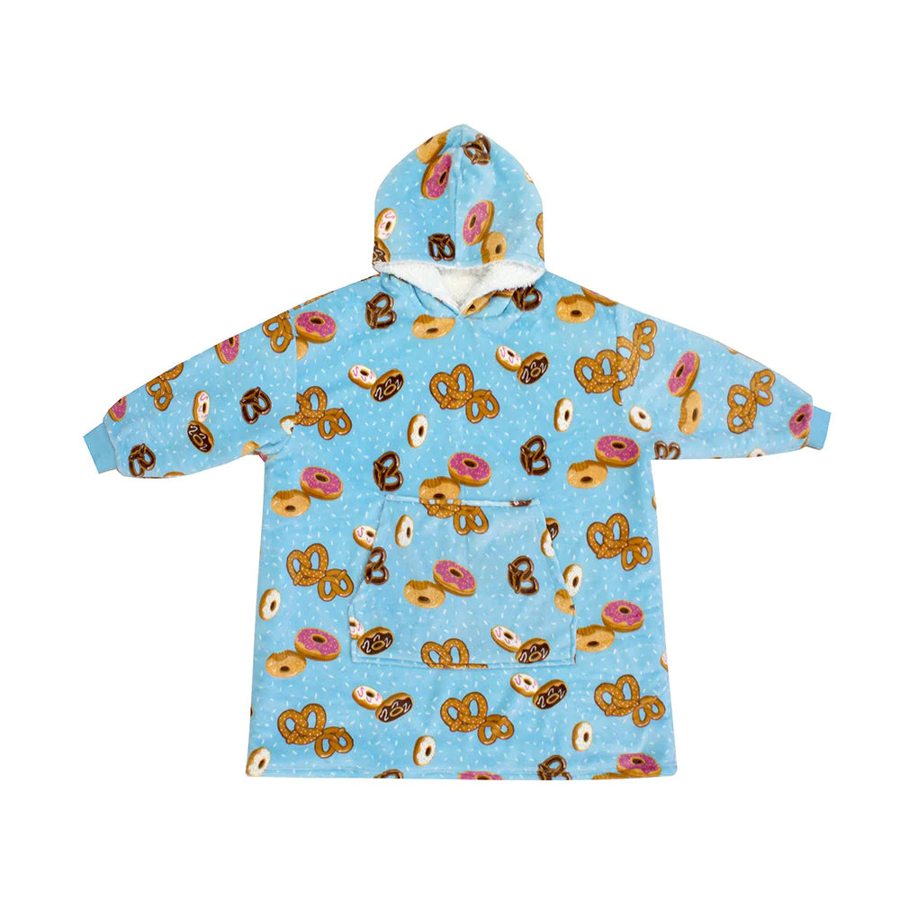 hooded blanket mostly pale blue with pictures of donuts and pretzels all over 