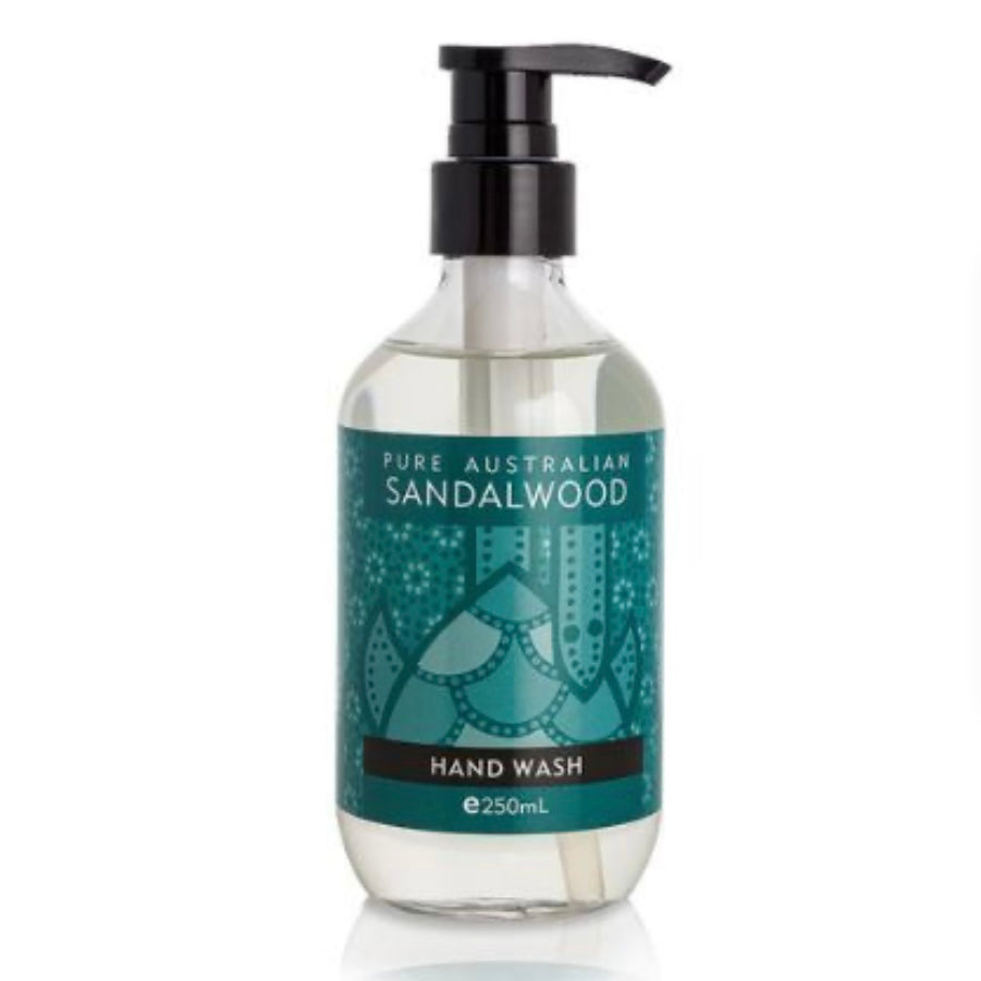 sandalwood hand wash in a clear bottle with green label 250ml