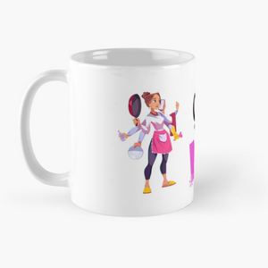 White coffee mug with a super mum design showing "super mum" in bold pink and black and a mum with several arms holding multiple items signifying mum can do all the things