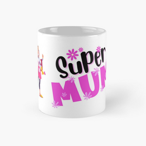 White coffee mug with a super mum design showing "super mum" in bold pink and black and a mum with several arms holding multiple items signifying mum can do all the things