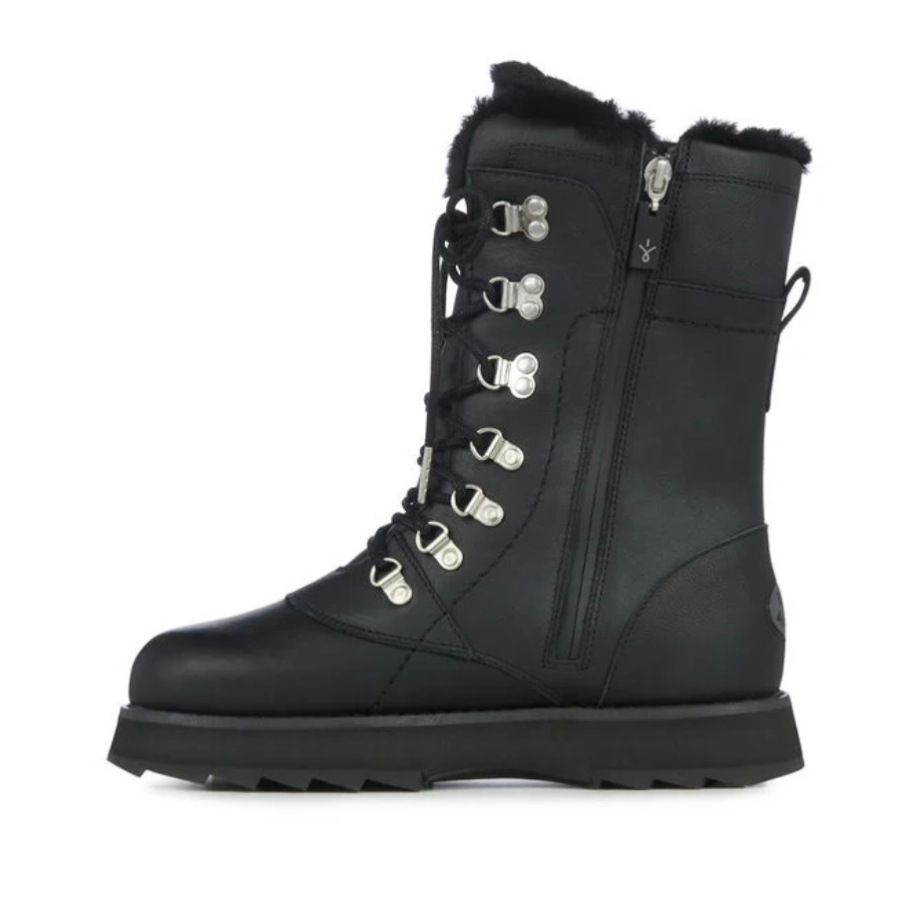 black leather sheepskin lined ugg boots laces at front with zip on side