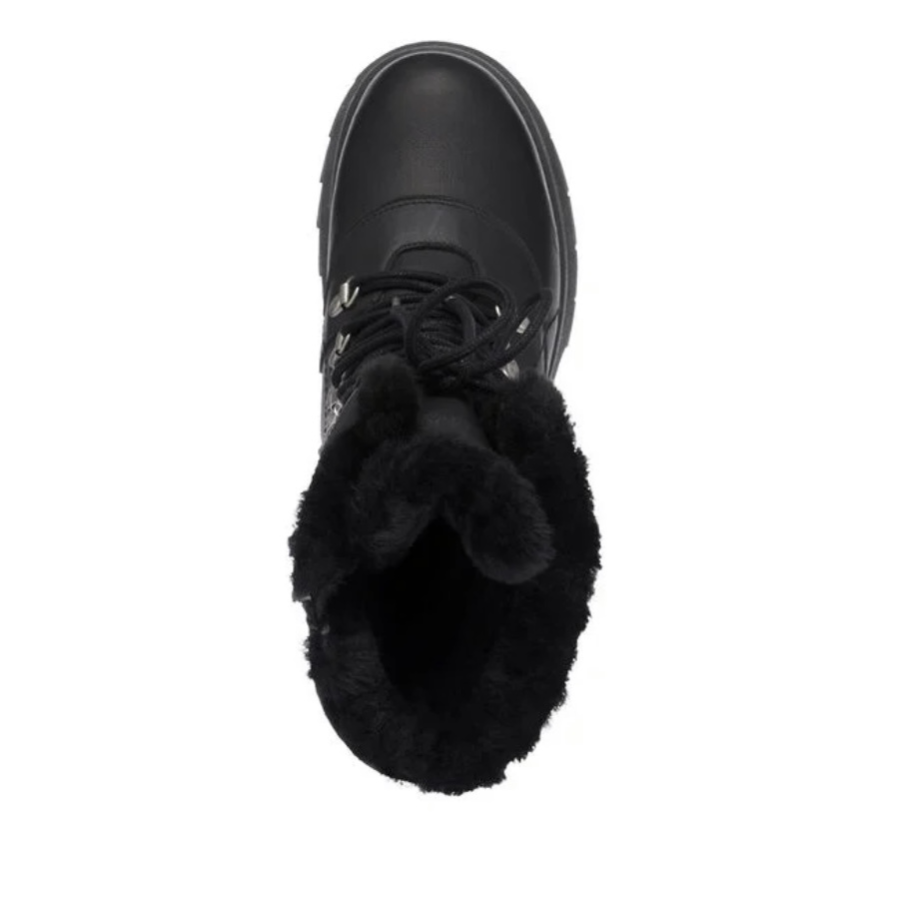 black leather sheepskin lined ugg boots laces at front with zip on side view of the top of boot