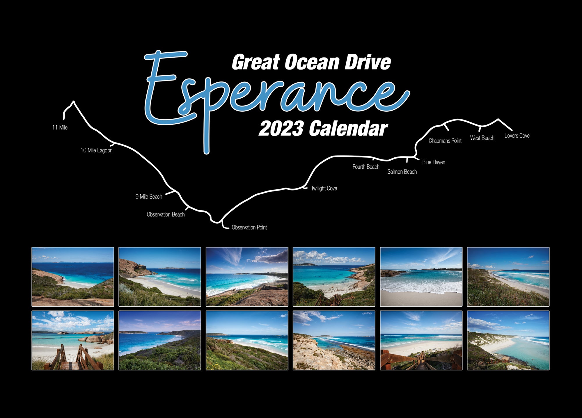Esperance 2023 Calendar Great Ocean Drive Cover with drawn map and photos of each month