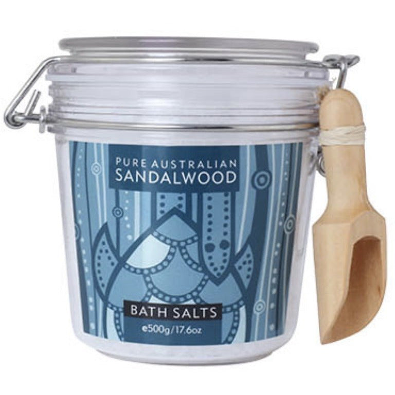 sandalwood bath salts 500g jar with wooden scoop spoon