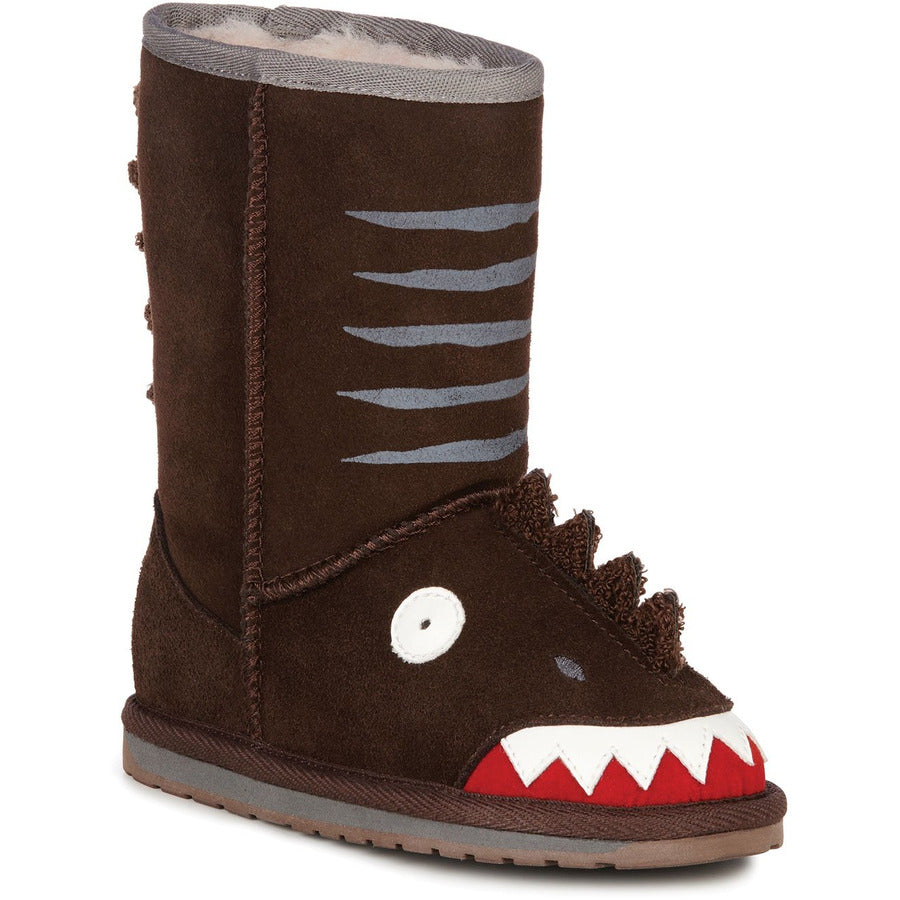 kids sheepskin ugg boot dinosaur brown with face on front