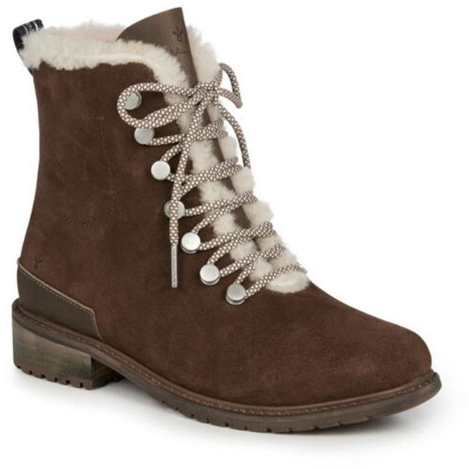 waterproof fashion wool lined ankle boot oak brown with light brown laces and metal lace hooks