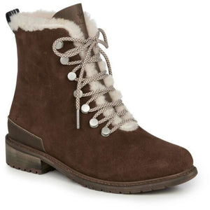 waterproof fashion wool lined ankle boot oak brown with light brown laces and metal lace hooks