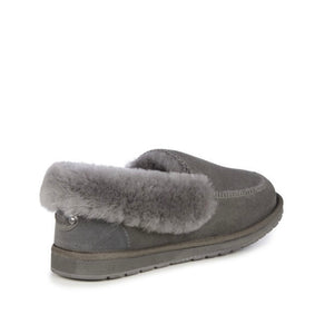 Emu Australia brand of sheepskin moccasin style slippers shown in charcoal grey