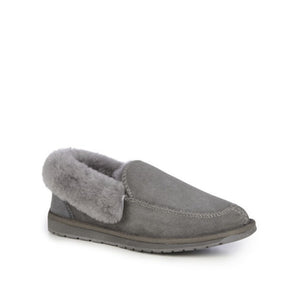 Emu Australia brand of sheepskin moccasin style slippers shown in charcoal grey