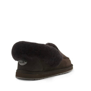 Emu Australia brand of sheepskin moccasin style slippers shown in chocolate brown