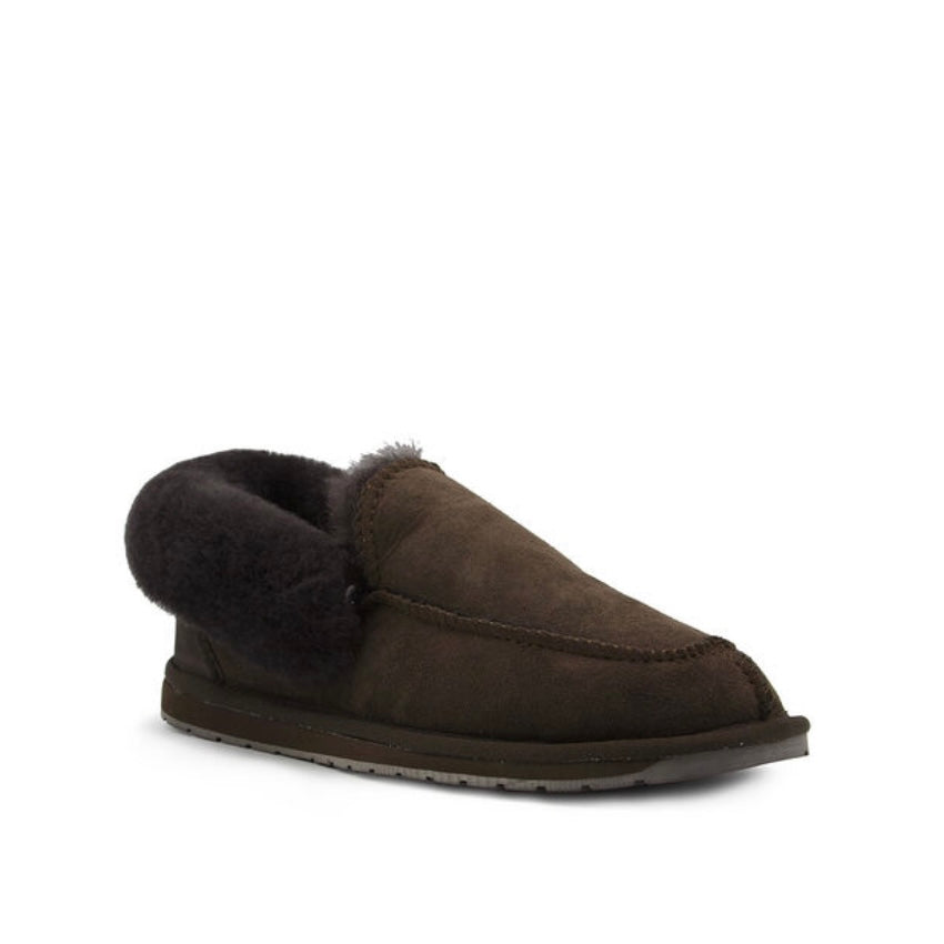 Emu Australia brand of sheepskin moccasin style slippers shown in chocolate brown