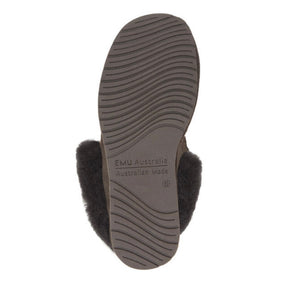 Emu Australia brand of sheepskin moccasin style slippers shown in chocolate brown