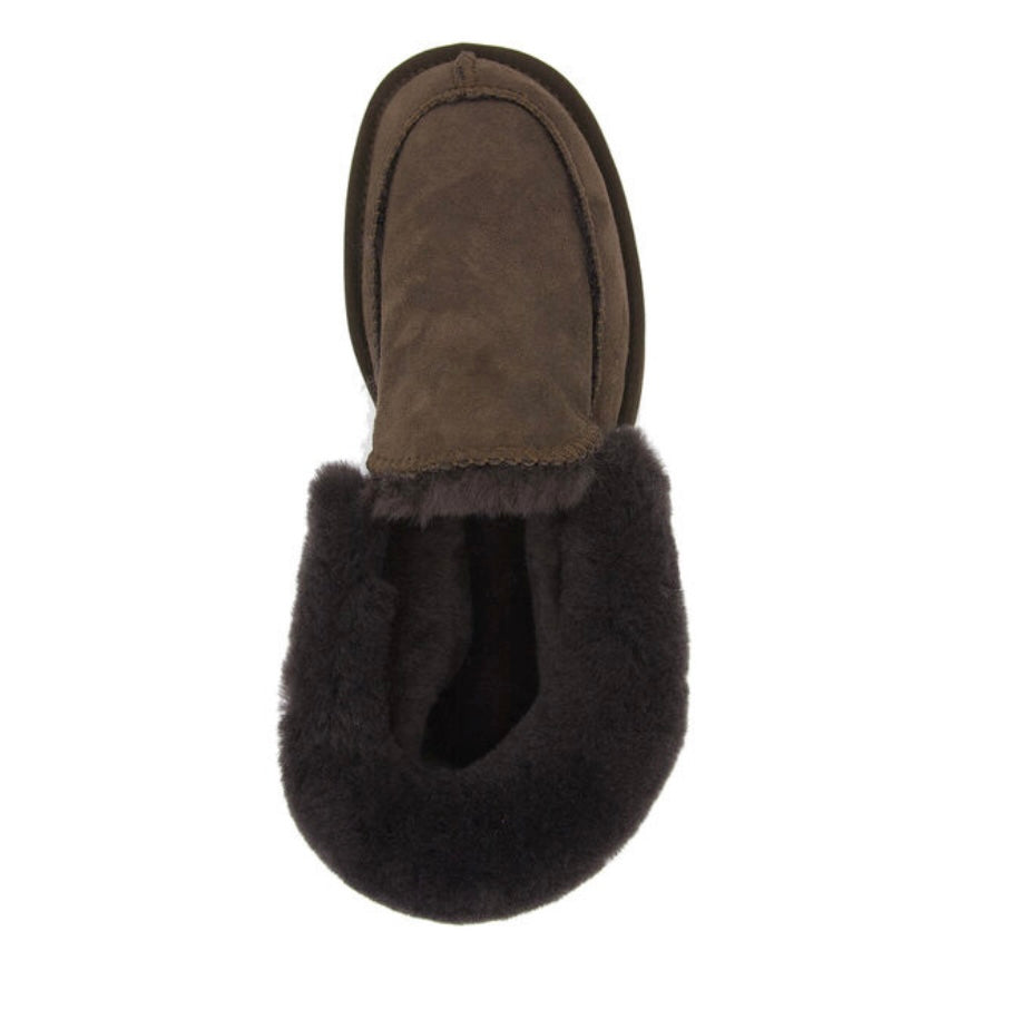 Emu Australia brand of sheepskin moccasin style slippers shown in chocolate brown