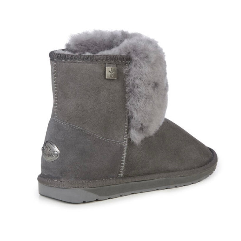 Emu Australia Platinum Lara Sheepskin boots made in Australia Charcoal colour with wool front panel