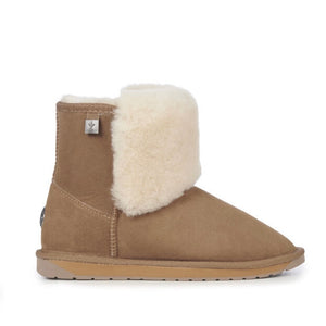 Emu Australia Platinum Lara Sheepskin boots made in Australia chestnut colour with wool front panel