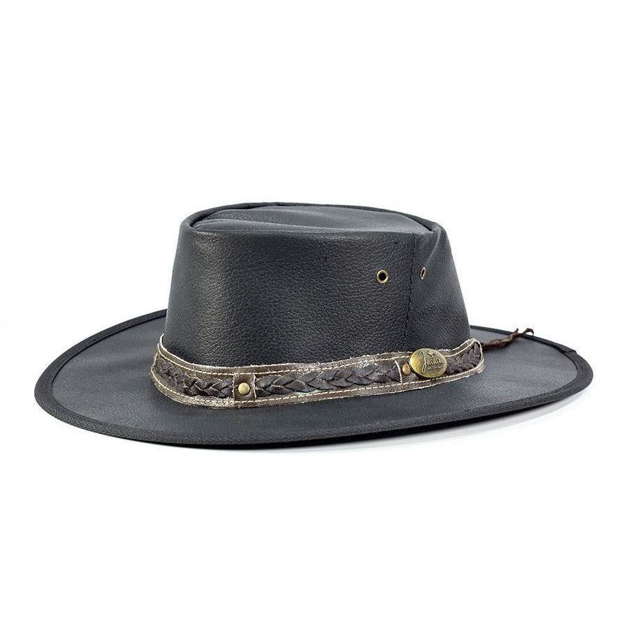 Jacaru Australia Roo Nomad Traveller Hat, kangaroo leather black with brown plaid leather band