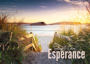 A photo of the image that is the 500 piece jigsaw puzzle,  it is a photo of sandy path and stair railing with reed grass to the sides and the beach with a sunrise sky, a rock with a hole out in the ocean