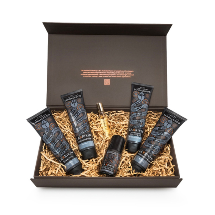 Larrikin gift set including shampoo, conditioner, 10mL eau de toilette roll on, aftershave balm, shaving gel and antiperspirant in a beautiful display box