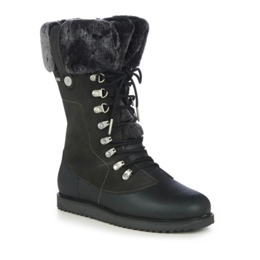 Dark Grey leather and suede waterproof boots lined with wool and laces at the front and a cuff of wool at the top