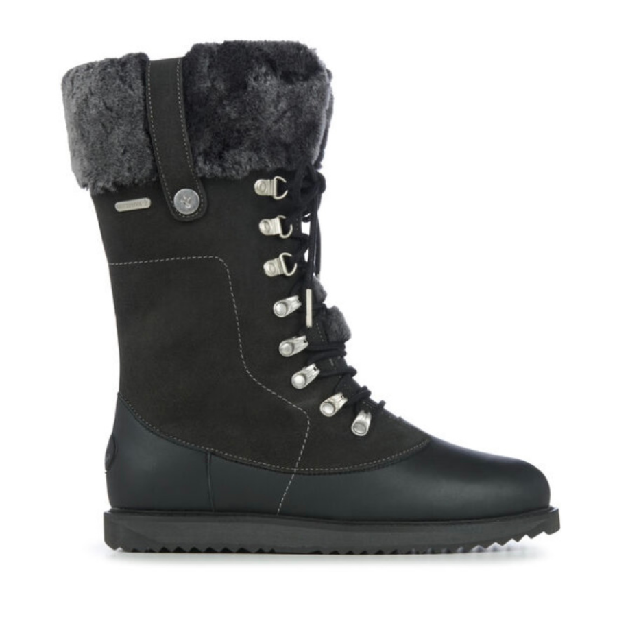 Dark Grey leather and suede waterproof boots lined with wool and laces at the front and a cuff of wool at the top