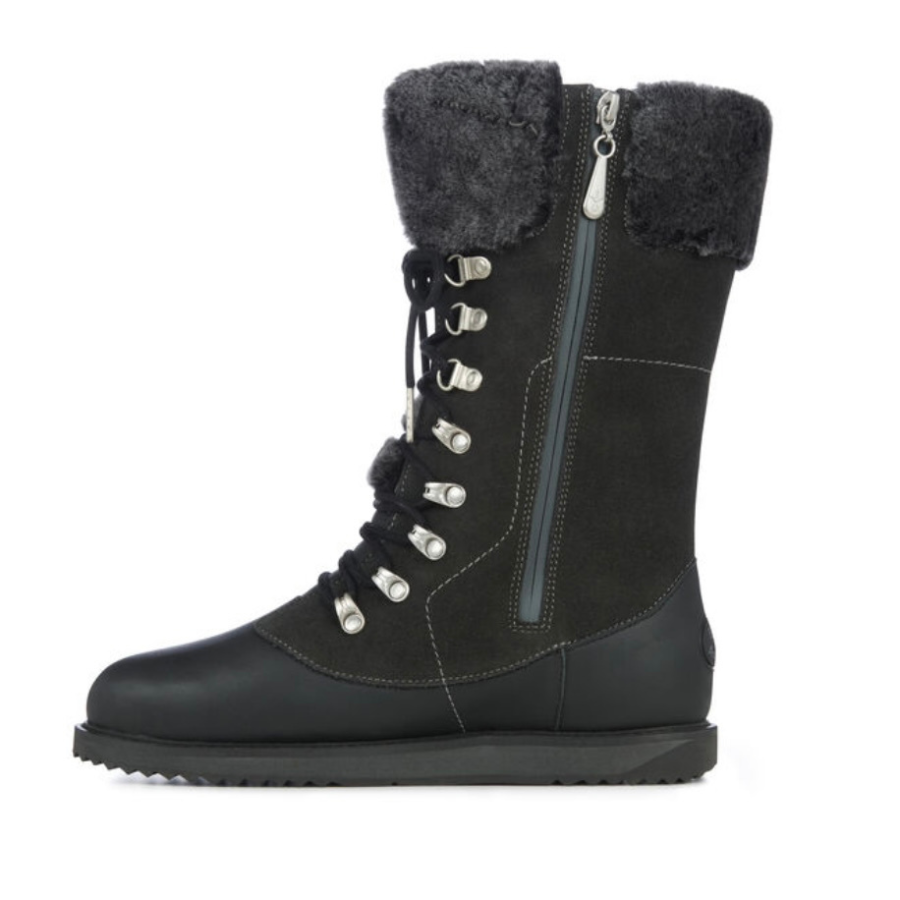 Dark Grey leather and suede waterproof boots lined with wool and laces at the front, a cuff of wool at the top and a zip on the side