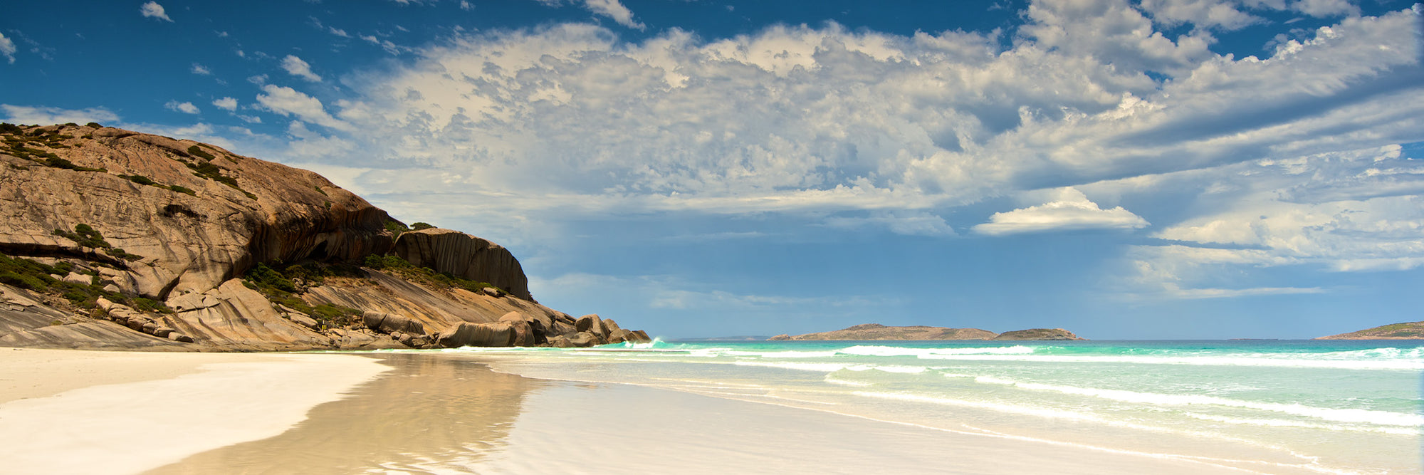 West Beach with Dempster head rock Esperance, white sand and aqua water panoramic 