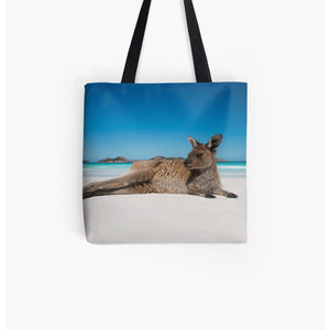 Lucky Bay kangaroo on the beach tote bag perfect for beach items or everyday shopping