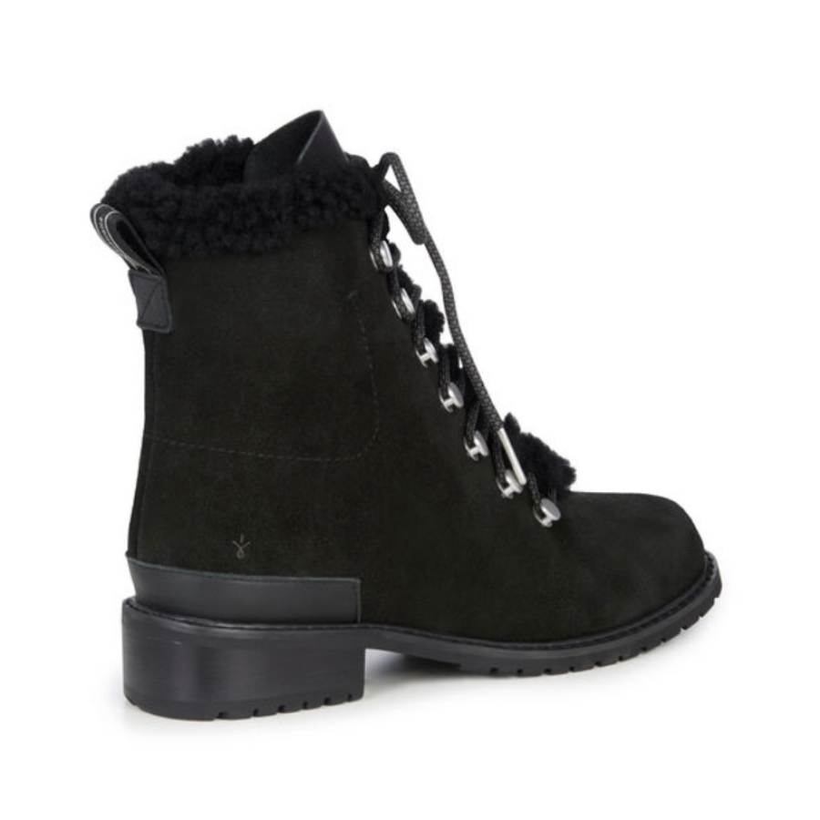 waterproof fashion wool lined ankle boot black with light grey laces and metal lace hooks