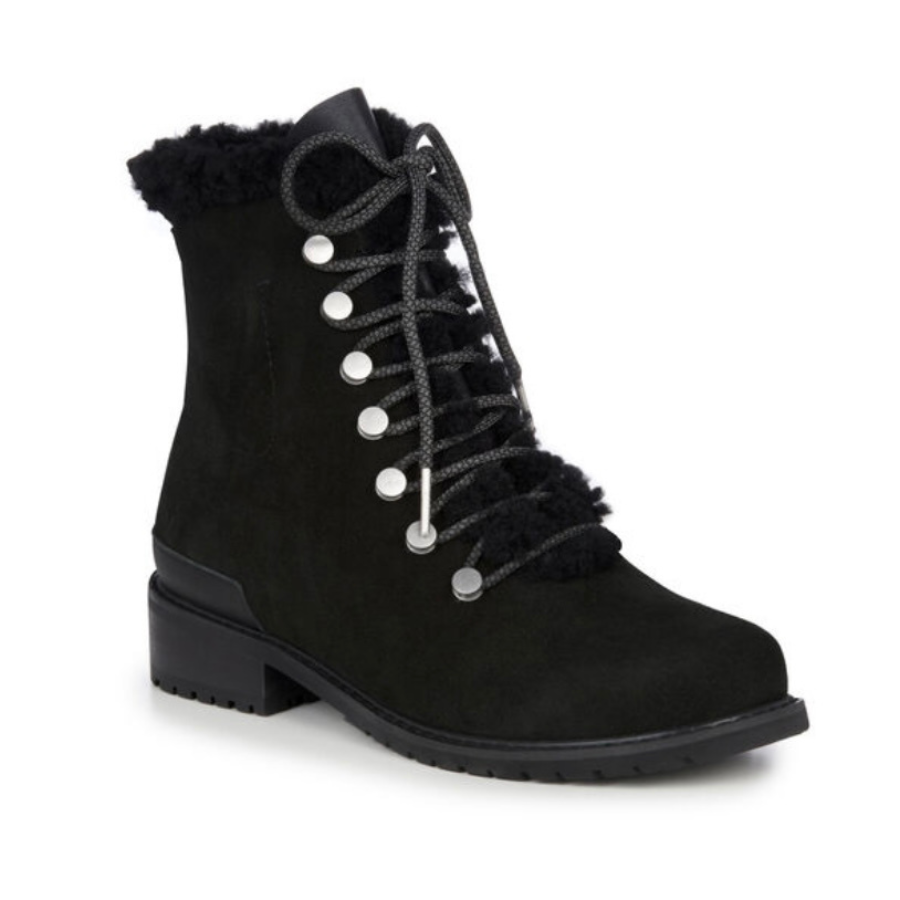 waterproof fashion wool lined ankle boot black with light grey laces and metal lace hooks