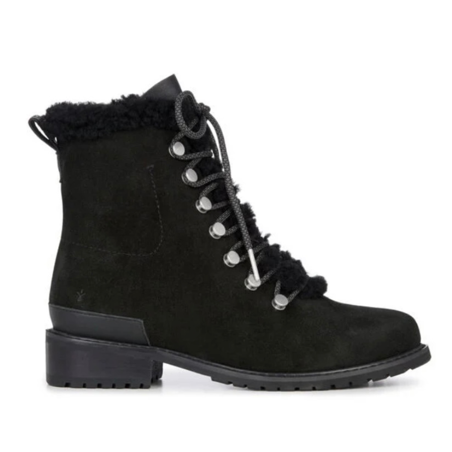 waterproof fashion wool lined ankle boot black with light grey laces and metal lace hooks