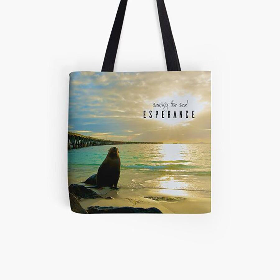tote carry bag with a photo of Sammy the seal at Tanker Jetty in Esperance