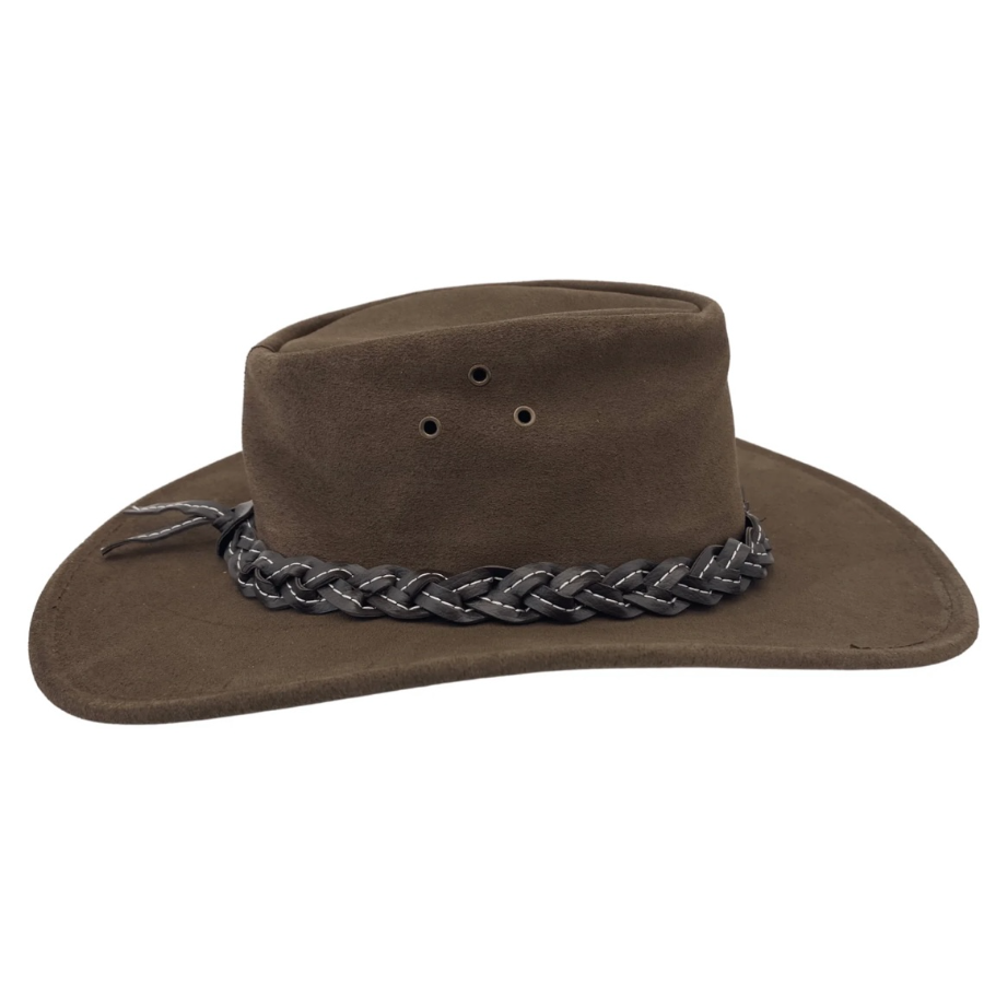 brown suede hat with a plaid headband