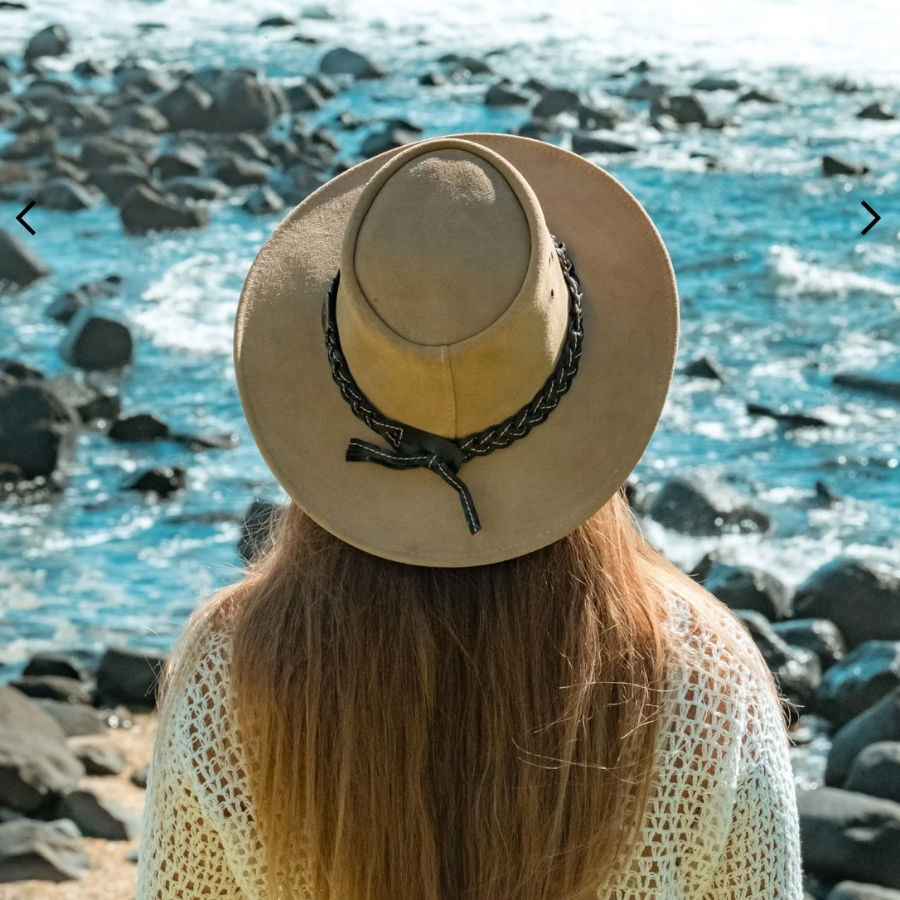 sand colour suede hat with a plaid headband back view on a female with long brown hair