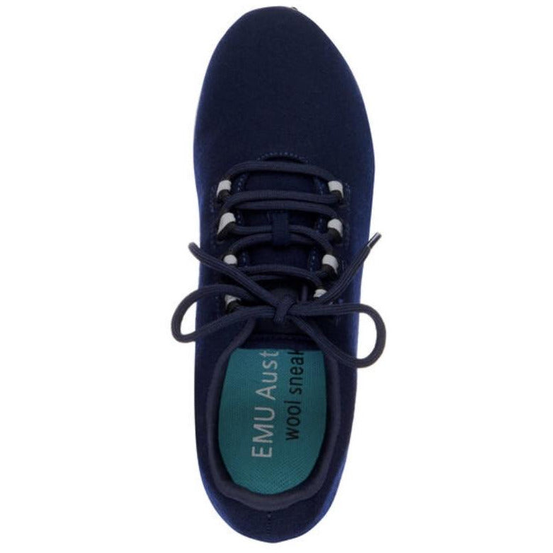 Emu Australia Barkly wool sneaker in midnight blue with dark blue laces and a white sole top view