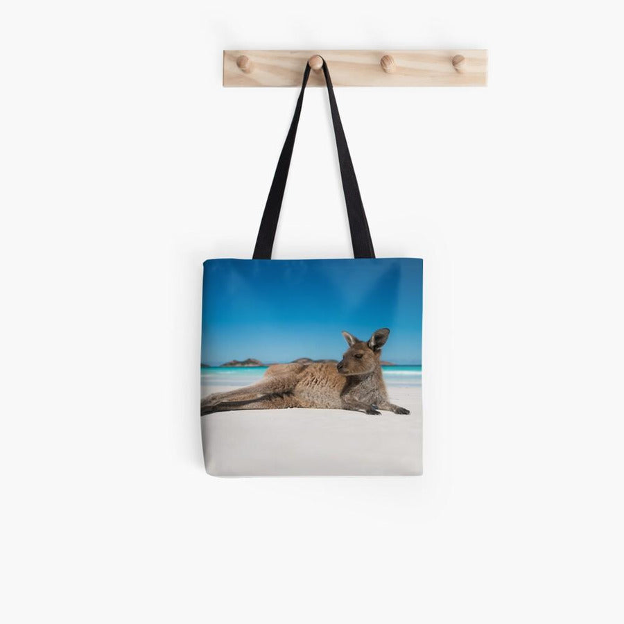 Lucky Bay kangaroo on the beach tote bag perfect for beach items or everyday shopping